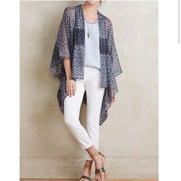 Anthropologie Tops - Anthropologie Elevenses blue black sheer open front kimono top size One Size O/S